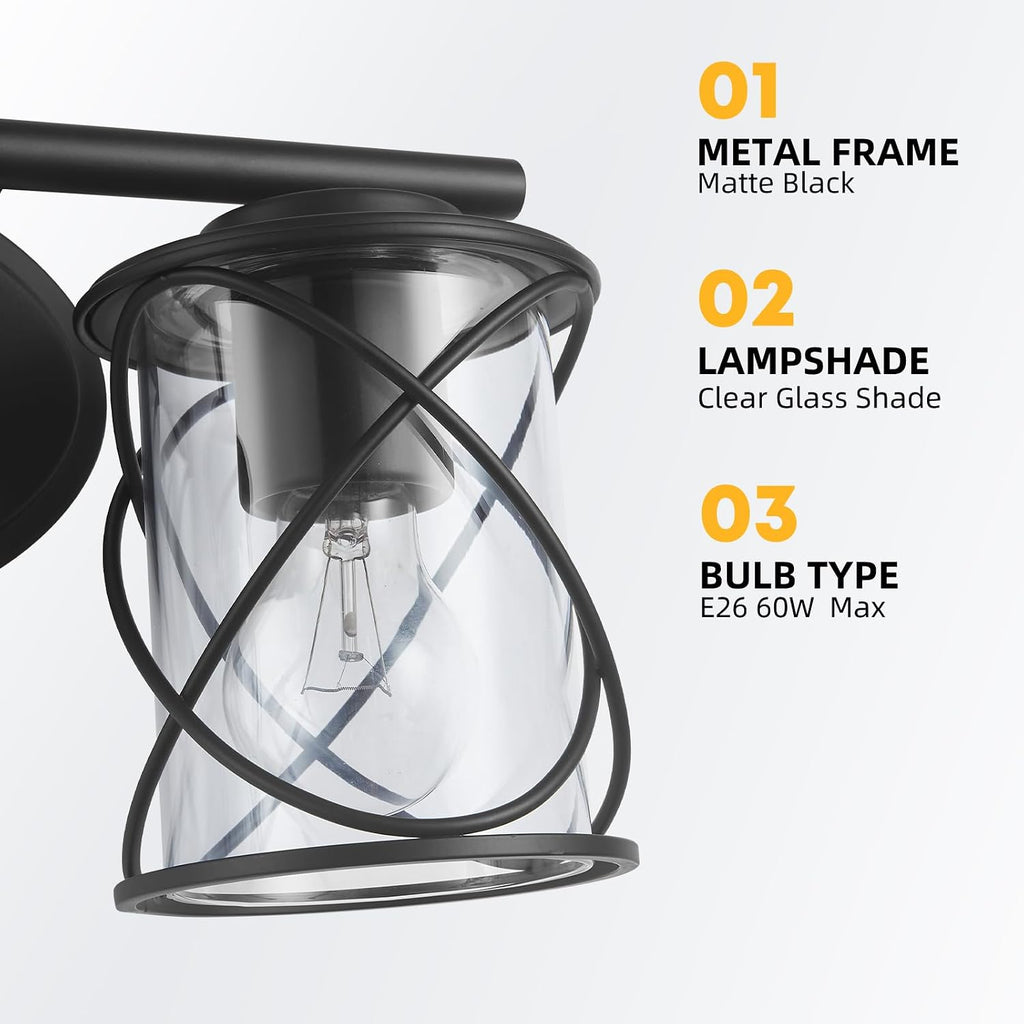 mavcadonf 4-Lights Bathroom Vanity Lights, Bathroom Light Fixtures Over Mirror, Matte Black Vanity Light, Farmhouse Wall Lights with Clear Glass Shade, Bathroom Wall Lamp for Mirror Kitchen Bedroom