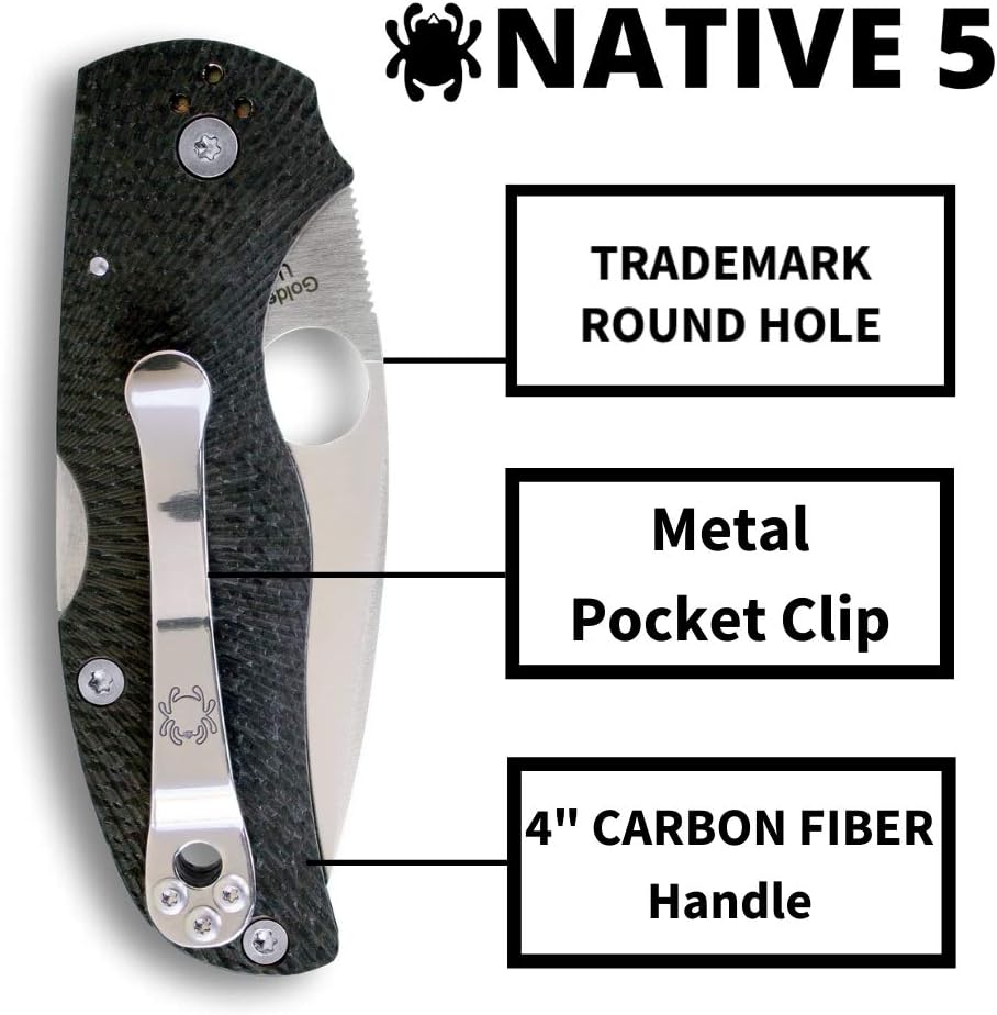 Spyderco Native 5 Knife - Black Carbon Fiber Handle with PlainEdge, Full-Flat Grind, CPM S90V Steel Blade and Back Lock - C41CFFP5