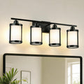 4-Light Black Bathroom Light Fixtures with Milk White Frosted Glass, 29' UL-Listed Modern Wall Sconce Over Mirror with Metal Cage for Bath, Hardwire E26, OS-3014BKW-4W