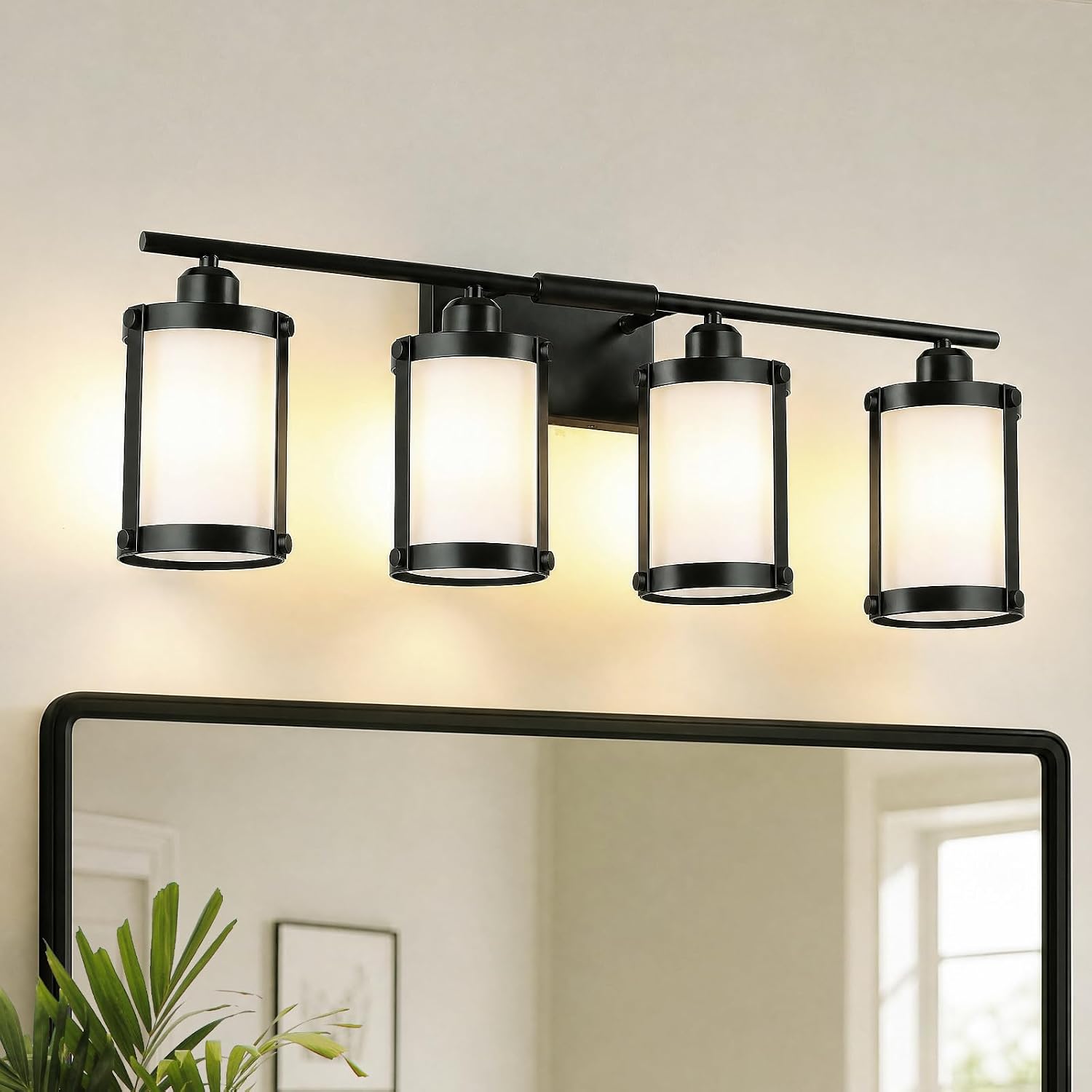 4-Light Black Bathroom Light Fixtures with Milk White Frosted Glass, 29' UL-Listed Modern Wall Sconce Over Mirror with Metal Cage for Bath, Hardwire E26, OS-3014BKW-4W