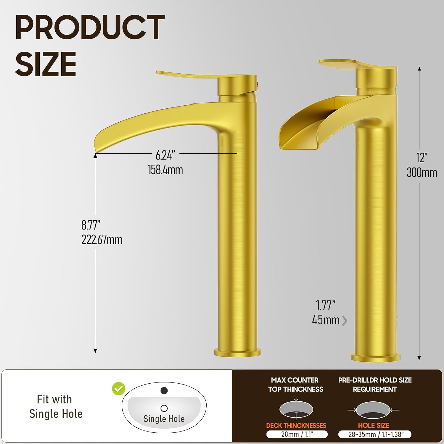 Phiestina Brushed Gold Tall Bathroom Vessel Sink Faucet 2 Pack, Single Hole Single Handle Waterfall Above Countertop Sink Bathroom Faucet, with Pop Up Drain,Water Supply Line, NS-SF01-V-BG-2pack