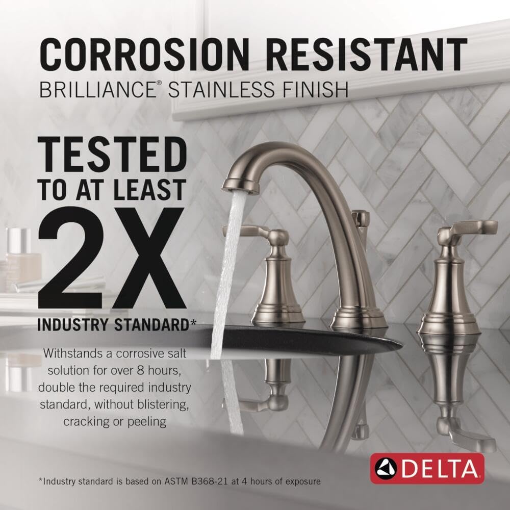 Delta Woodhurst Brushed Nickel Bathroom Faucet 3 Hole, 8 Inch Widespread Bathroom Sink Faucet for Vanity, Metal Push-Pop Drain Assembly, Stainless 3532LF-SS