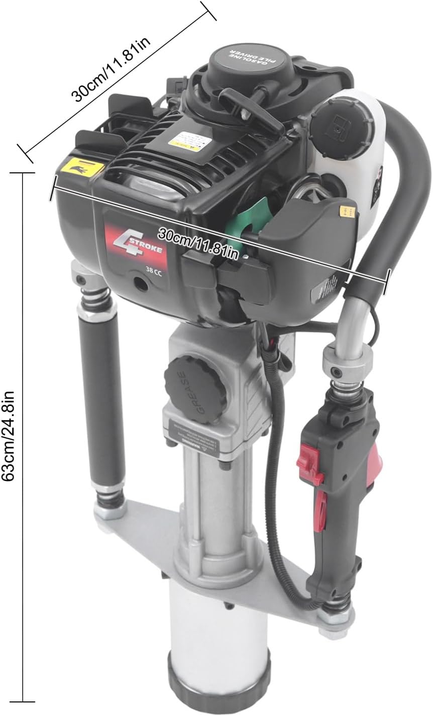37.7CC 4-Stroke T Post Driver Gas Powered for Metal Post, 1.2KW Pile Driver with Handles, 20-45J Impact Energy for Construction, Garden, Fence, Farm T-Post - Handheld with 2 Pile Heads & Storage Case