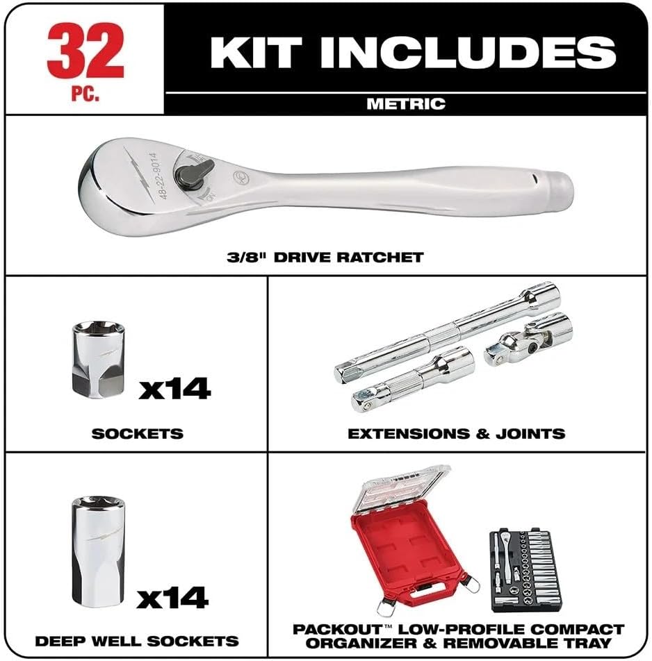 48-22-9482 Socket Wrench Set for Milwaukee 3/8' Ratchet & Socket Set with PACKOUT Organizer - 32pc