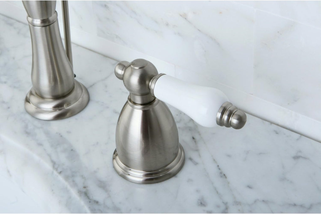 Kingston Brass KB1978PL Heritage Widespread Lavatory Faucet with Porcelain Lever Handle, Brushed Nickel