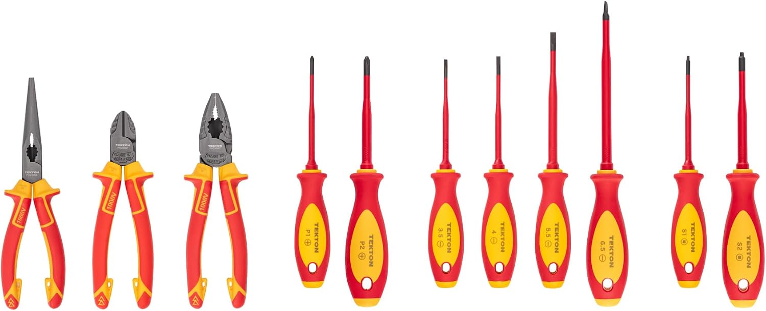 TEKTON Insulated Phillips, Slotted, Square Drivers and Pliers Set, 11-Piece (Combination, Long Nose, Diagonal Cutting) | TEK99005
