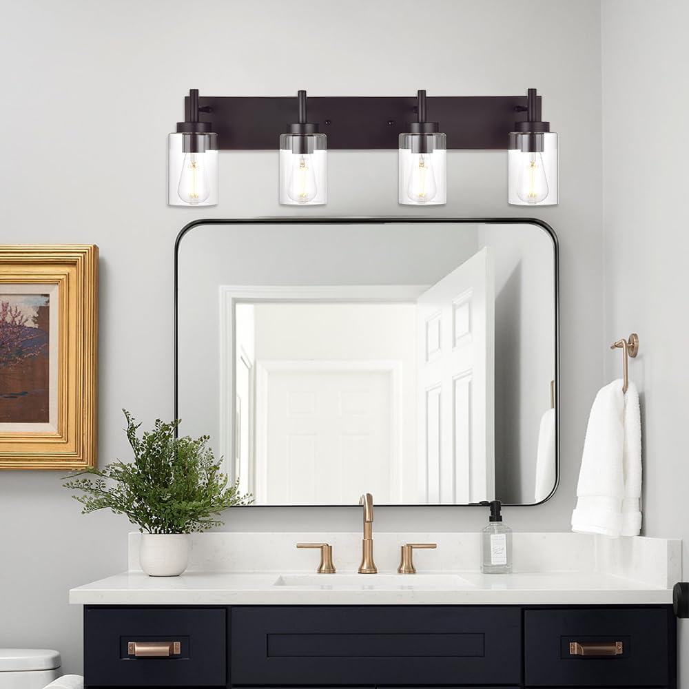 4 Lights Bathroom Vanity Light Fixture Oil Rubbed Bronze Sconces Wall Lighting Industrial Indoor Wall Mounted Lamp, Farmhouse Style for Kitchen Dining Room (Patent No.: US D958,438 S)