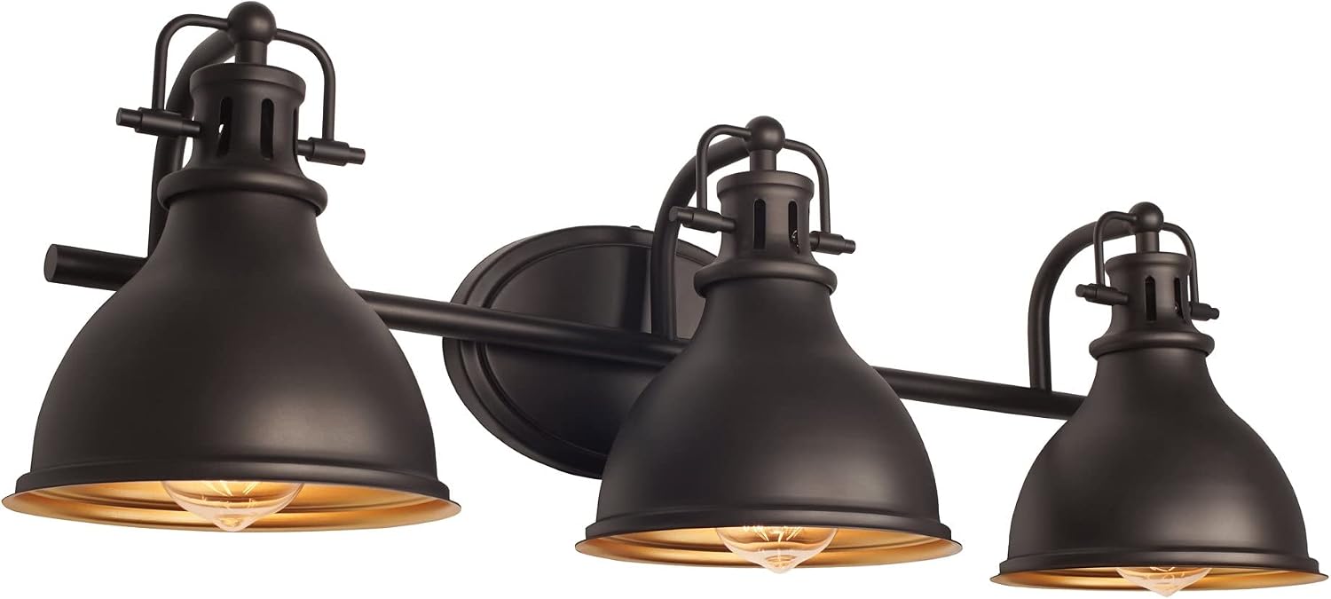 Kira Home Beacon 27' 3-Light Industrial Bathroom Vanity Light with Brass Interior Shades, Modern Farmhouse Wall Sconce, Oil Rubbed Bronze Finish