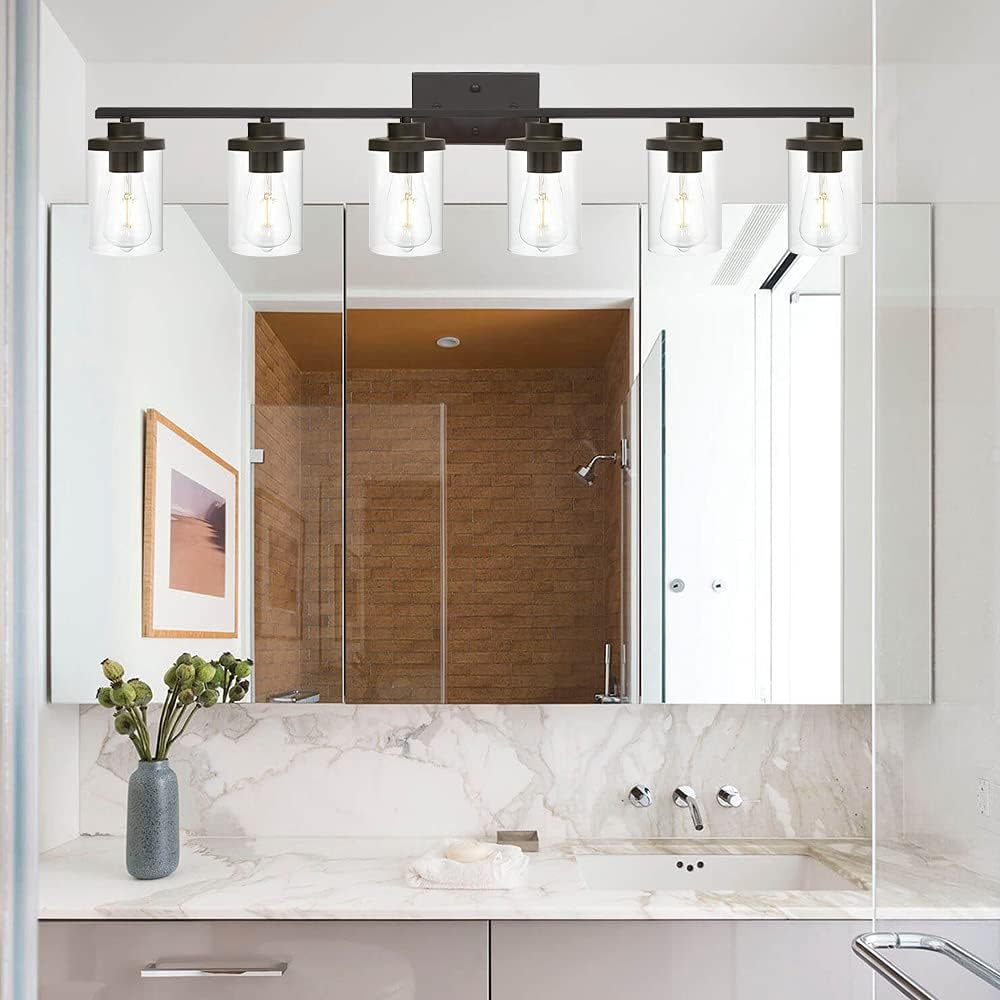 Oil Rubbed Bronze Bathroom Vanity Lights 6 Light, Bronze Vanity Lighting Fixtures with Glass Shade,Industrial Bathroom Light Fixtures Wall Sconces Lights for Kitchen Living Room Hallway