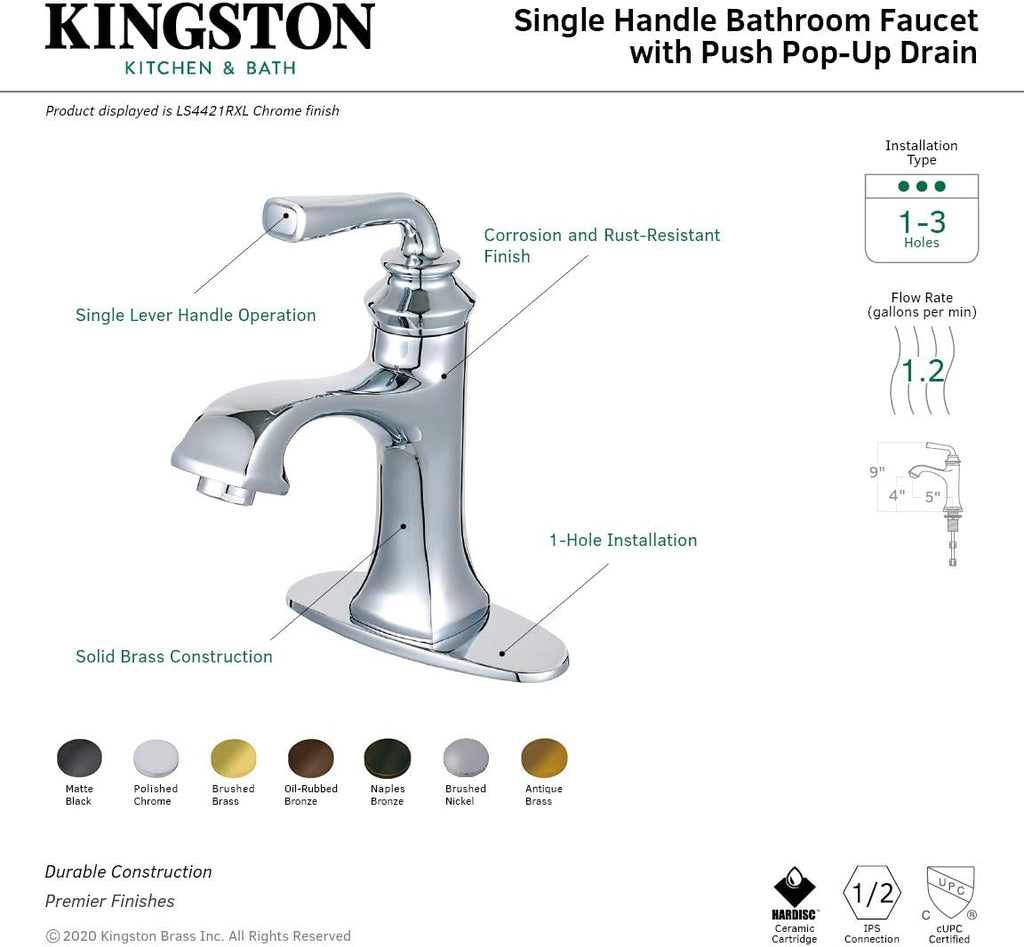 Fauceture LS4428RXL Restoration Single-Handle Bathroom Faucet with Push-Up Drain and Deck Plate, Brushed Nickel