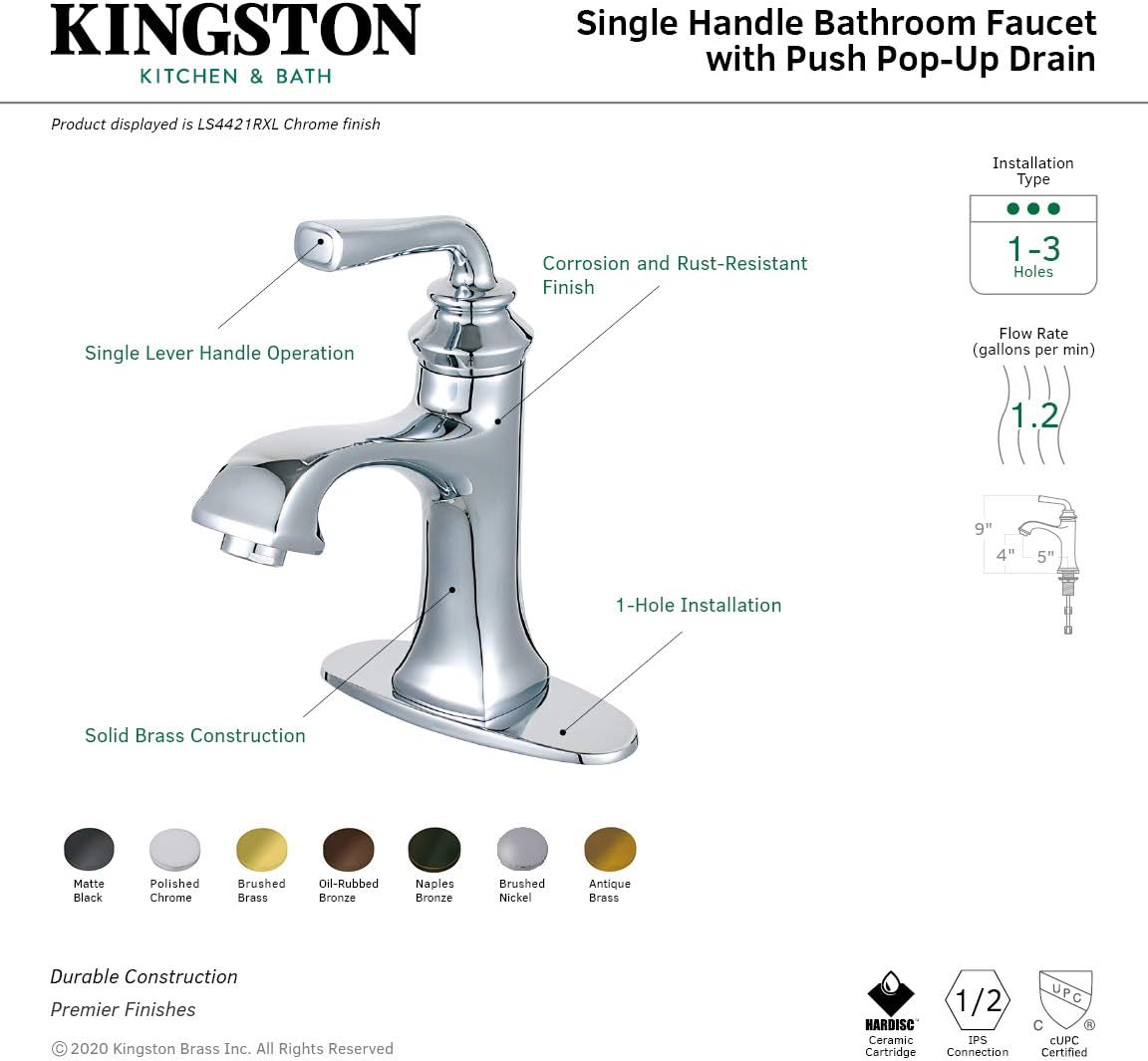 Fauceture LS4428RXL Restoration Single-Handle Bathroom Faucet with Push-Up Drain and Deck Plate, Brushed Nickel