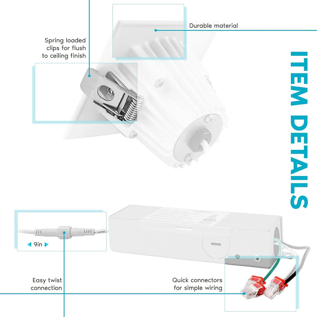 LUXRITE 2 Inch Square LED Recessed Lighting with Junction Box, 3CCT Selectable 3000K/4000K/5000K, CRI 90, Dimmable Canless LED Downlight Kit, 8W, 600 Lumens, IC Rated, Damp Rated, ETL Listed (4 Pack)