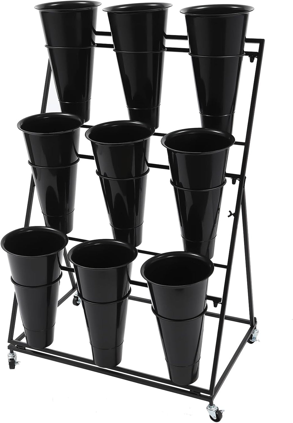 Flower Display Stand with 9Pcs Black Round Buckets, 3 Layers Black Metal Plant Holder with Wheels, Moving Florist Bouquet Shelf for Fresh Flowers Shop Patio Garden Outdoor Flower Pop-Up Events