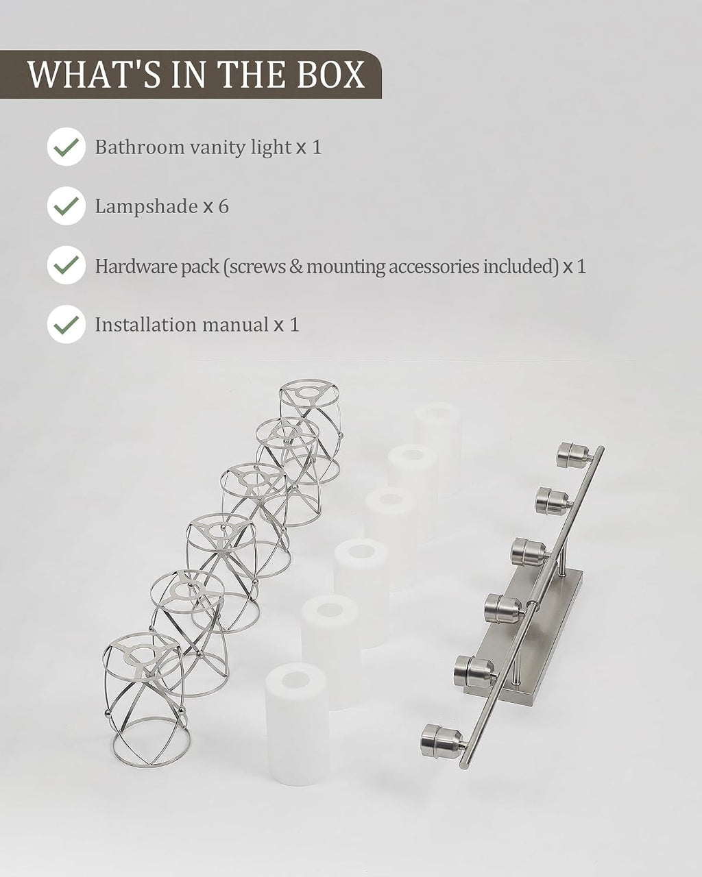 6-Light Brushed Nickel Bathroom Light Fixtures Over Mirror, 42' UL-Listed Modern Wall Sconce Lights with Milk White Frosted Glass and Metal Cage for Bath, Hardwire E26, CH9176BNW-6W