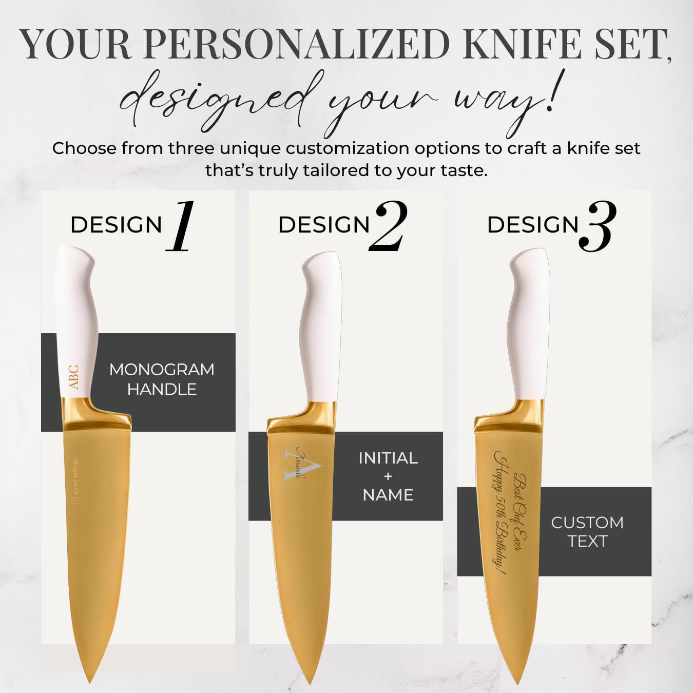 Personalized Gold Knife Set with Self-Sharpening Block – Make It Uniquely Yours with Custom Engraving on Luxurious White and Gold Knives – Personalized Gift for Weddings, Birthdays, Anniversaries