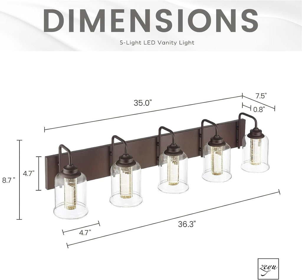 zeyu 25W LED Bathroom Lights, 5-Light Vanity Lighting Fixtures for Bathroom with 5 Color Modes, Oil Rubbed Bronze Finish with Crystal Bubble and Clear Glass, ZSL72B-5W LED ORB-1