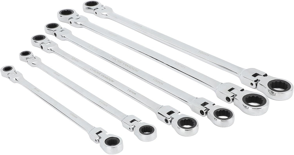 Qiilu 6pcs Flex Head Ratcheting Wrench Set, Metric 8-19mm CRV Steel, Extra Long Double Box End Ratchet Wrench for Repair, Greater Leverage and Easy in Tight Spaces, Efficient