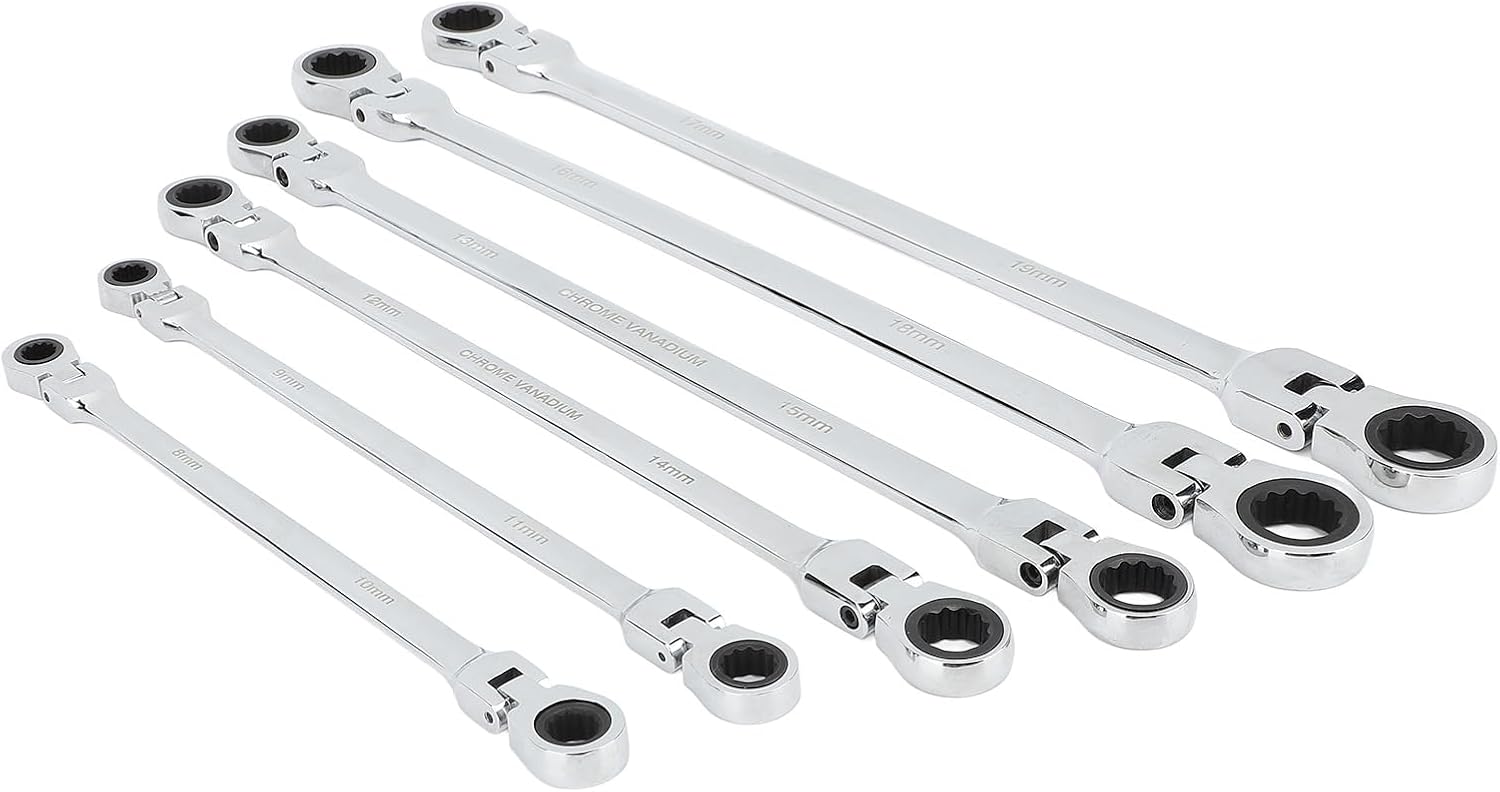 Qiilu 6pcs Flex Head Ratcheting Wrench Set, Metric 8-19mm CRV Steel, Extra Long Double Box End Ratchet Wrench for Repair, Greater Leverage and Easy in Tight Spaces, Efficient