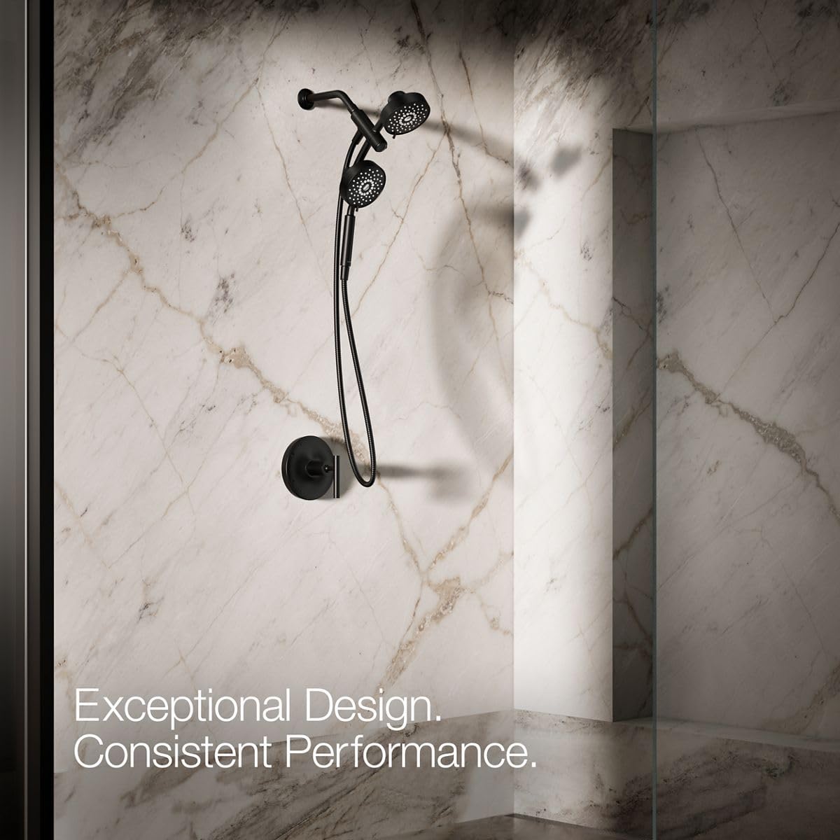 KOHLER 23219-BL Purist 2-in-1 Multi Function Shower Kit includes SHOWERHEAD & HAND SHOWER, Full Coverage Spray & Rotating Rail, Matte Black, 2.5 GPM