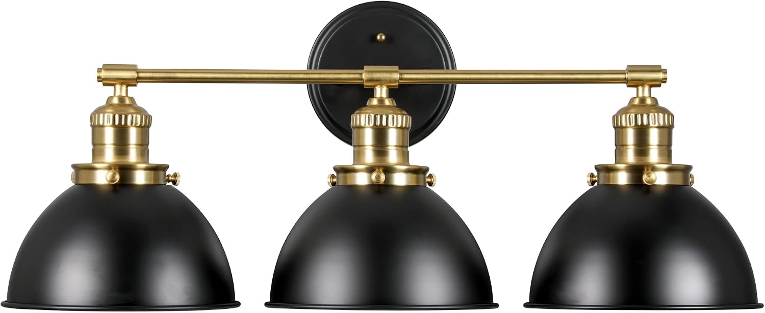 Design House Savannah Rustic Farmhouse 3-Light Bathroom Vanity Light, Dimmable, Satin Gold, Matte Black Metal Shade, 26 in x 9 in x 10.88 in, 588301-BGD