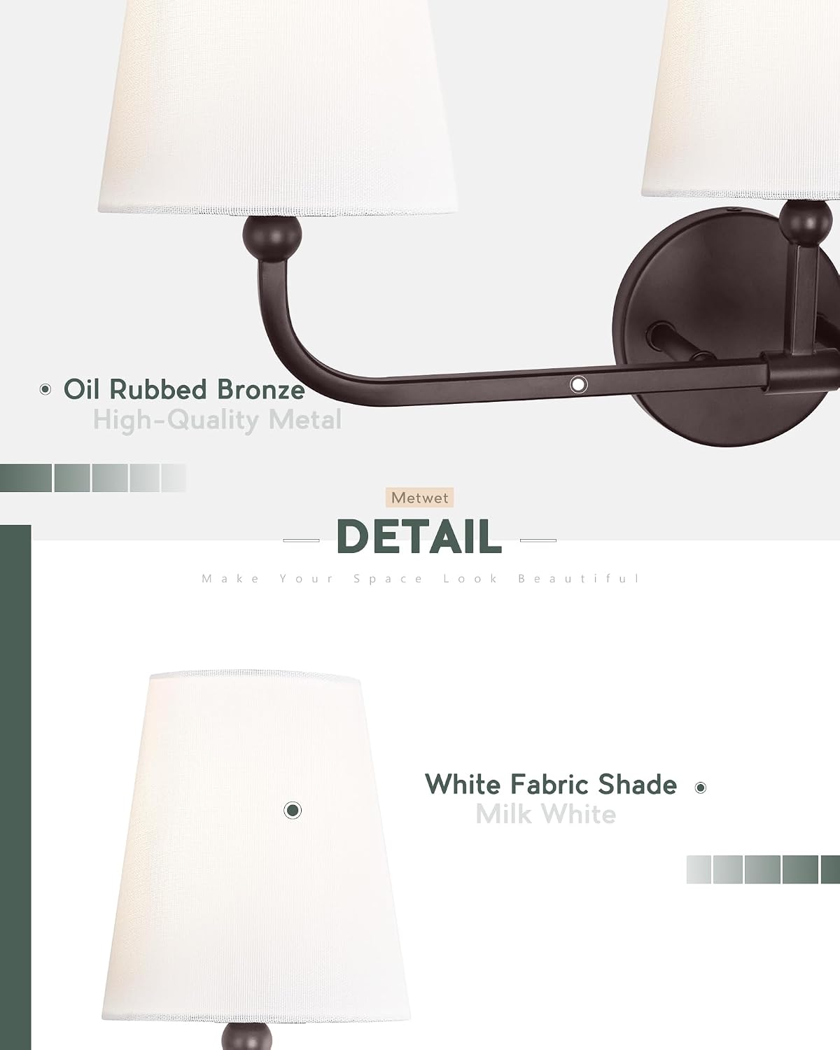 Bathroom Light Fixtures, 4 Light Oil Rubbed Bronze Vanity Lights with Flared White Fabric Shade, 28 Inch Wall Sconce, Vintage Sconces Wall Lighting for Hallway Bedroom, VL837-ORB-4