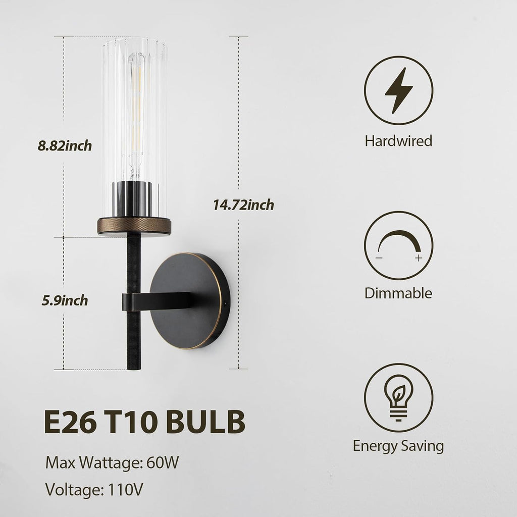 15' Knurled Brass Wall Sconce with Vertical Striped Glass Tube, Black Gold Bathroom Vanity Light Fixtures, Modern Lamp Lighting for Bedroom, Living Room, Hallway, Staircase, Mirror, Kitchen