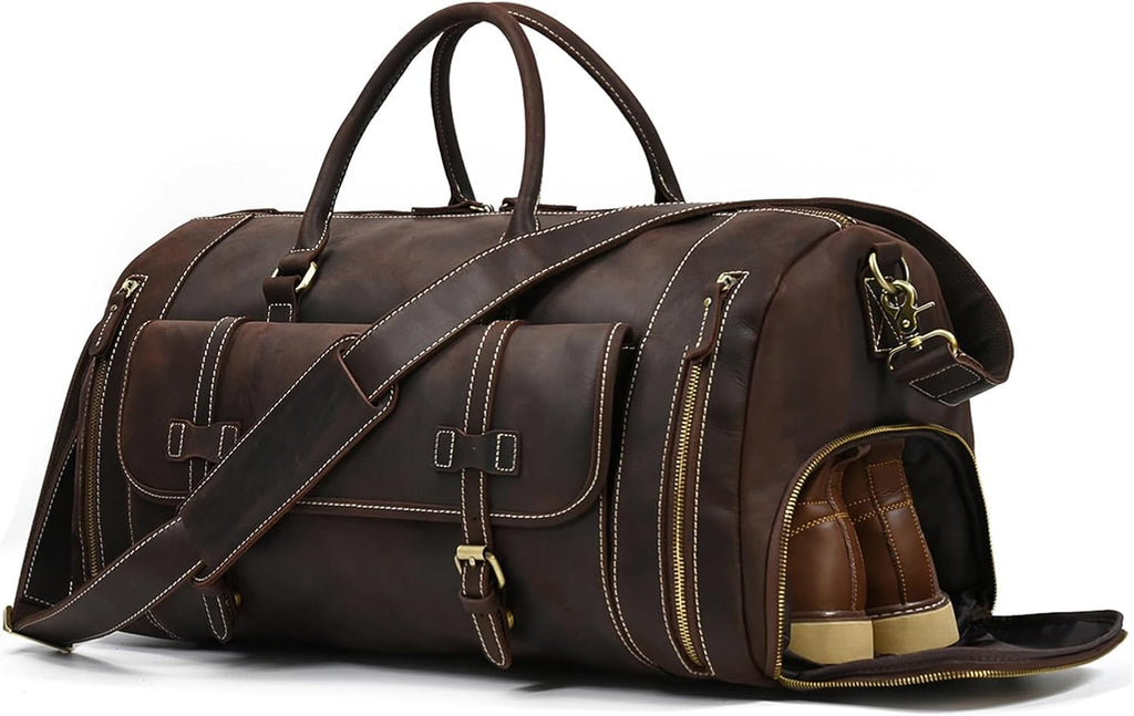 LUUFAN Full-grain Genuine Leather Travel Bag Large Capacity Duffel Luggage Bag with Shoe Compartment, Men Women Shoulder Handbag for Weekend Holiday Business Trip