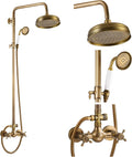 gotonovo Luxury Exposed Shower Faucet Set Bathroom Shower System 8 Inch Wall Mount Rainfall Shower Head with Handheld Spray Cross Double Handle Shower Fixture Adjustable Straight Rod Antique brass