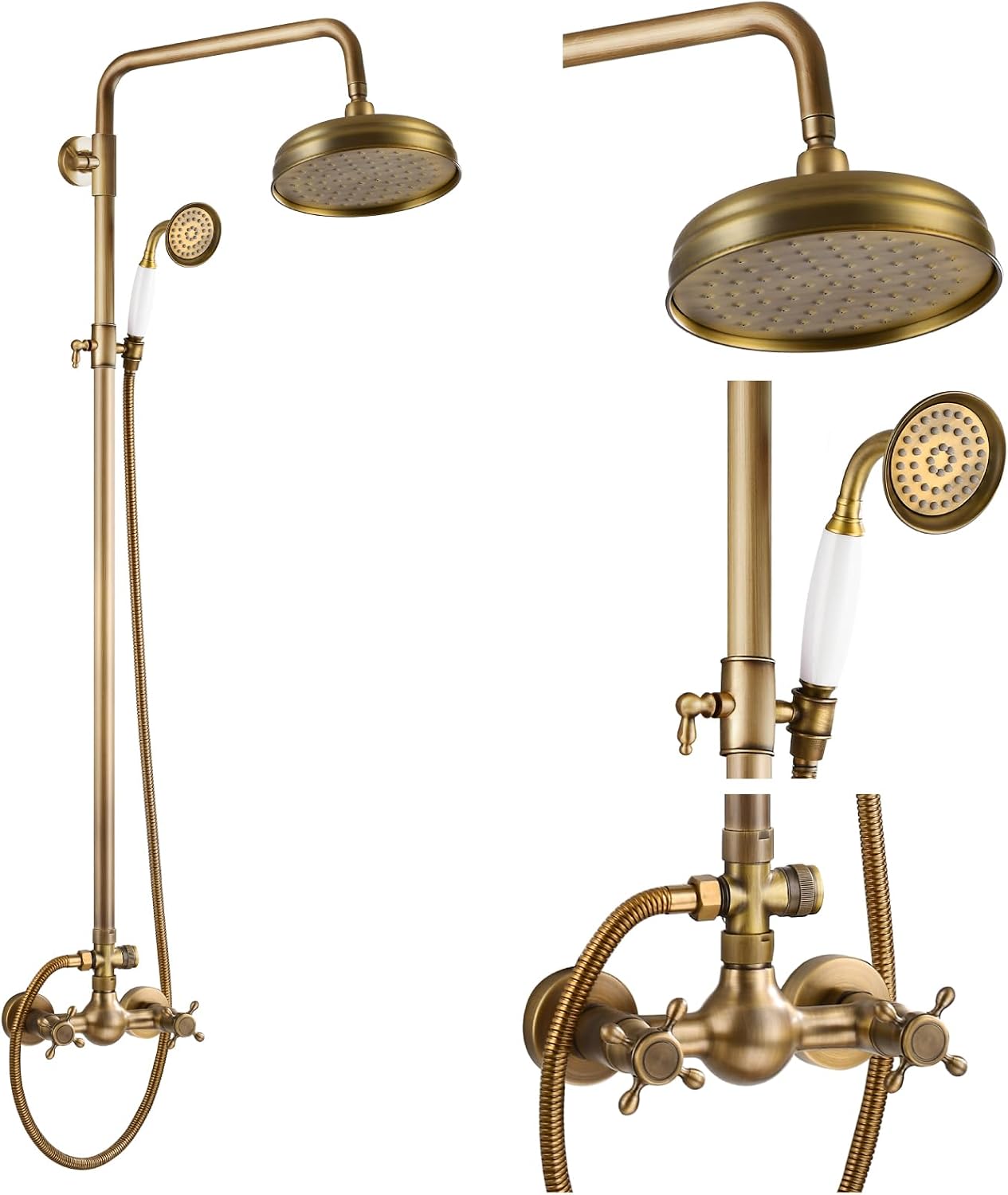 gotonovo Luxury Exposed Shower Faucet Set Bathroom Shower System 8 Inch Wall Mount Rainfall Shower Head with Handheld Spray Cross Double Handle Shower Fixture Adjustable Straight Rod Antique brass
