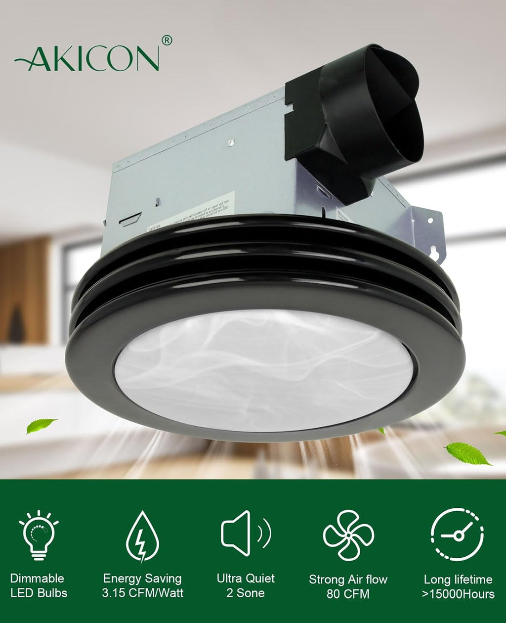 Akicon Exhaust Fan with Light, Ultra Quiet 80 CFM 2.0 Sones Ventilation Exhaust Bathroom Fan with Light, 3000K/4000K/5000K Selectable LED Light (Matte Black)