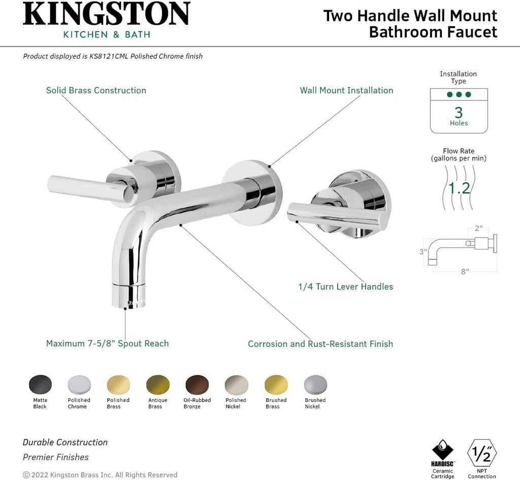 Kingston Brass KS8127CML Manhattan 2-Handle 8 in. Wall Mount Bathroom Faucet, Brushed Brass