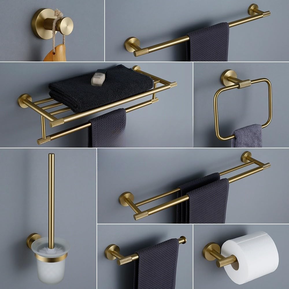 Bathroom Hardware Accessories Set Brushed Gold Knurled Brass Kit Towel Bar Ring Robe Hook Paper Holder Towel Ring Toilet Brush,Shelf Ring