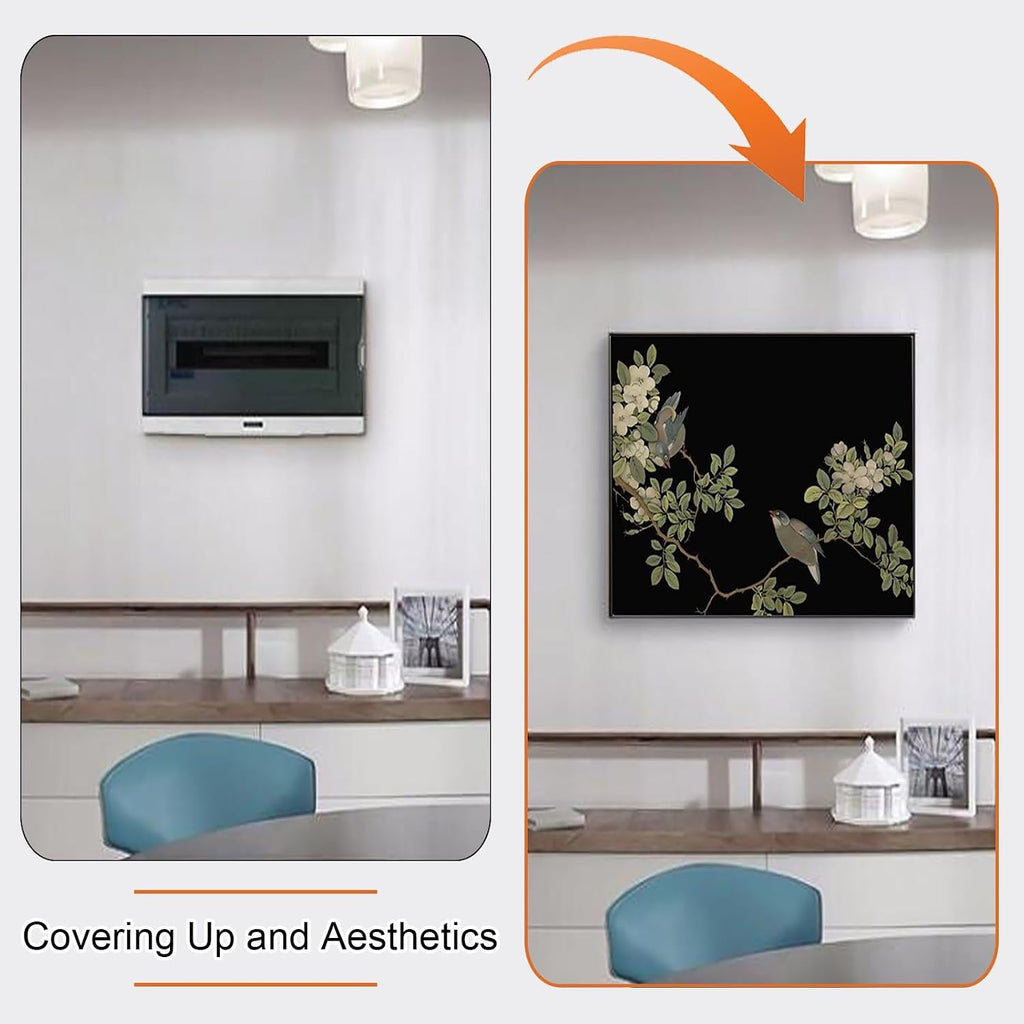 Breaker Box Cover Decorative, Hide Electrical Panel Cover Fuse Box Lid, Chinese Painting Poster with Flowers, for Living Room and Office(Black 1,70 * 50cm/27.5 * 19.7in)
