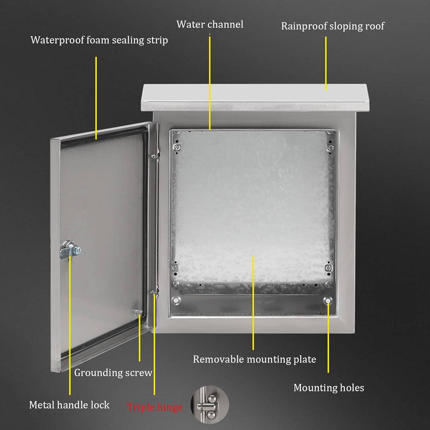 Steel Electrical Enclosure Box, Weatherproof Enclosure with Triple Hinges & Lock, Power Distribution Box with Mounting Plate, Wall Mounted Electrical Junction Box(15.7x11.8x7 in)