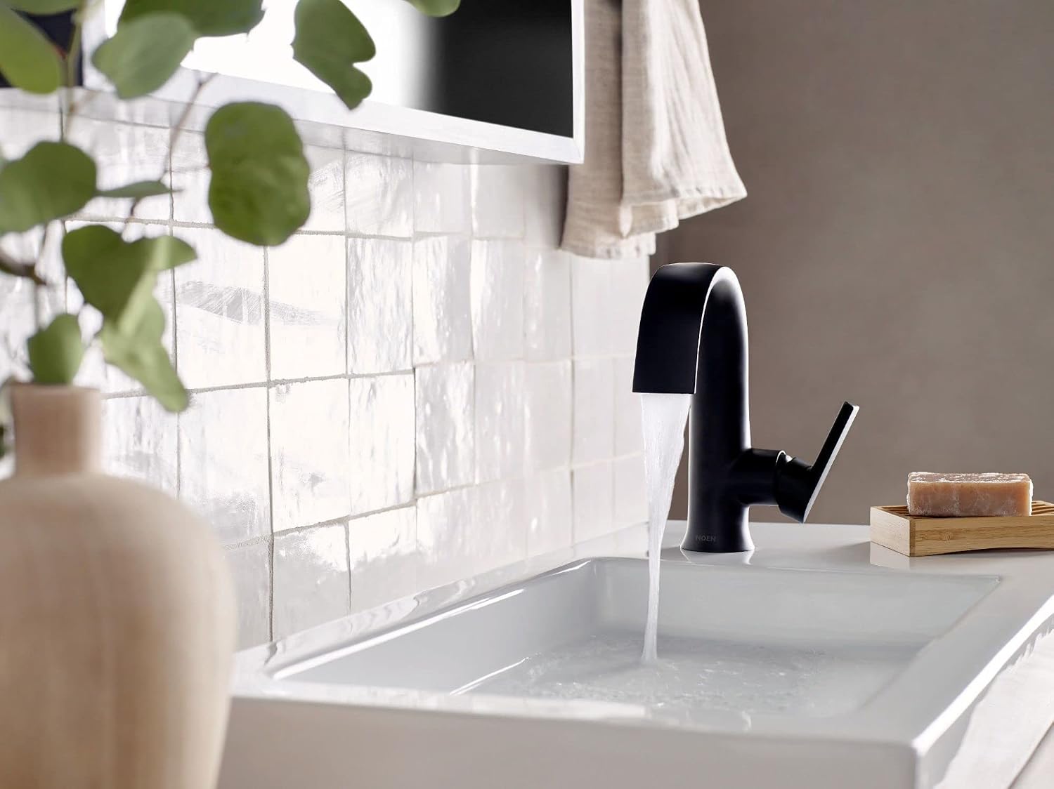 Moen Doux Matte Black Contemporary One-Handle High Arc Laminar Stream Bathroom Faucet, S6910BL