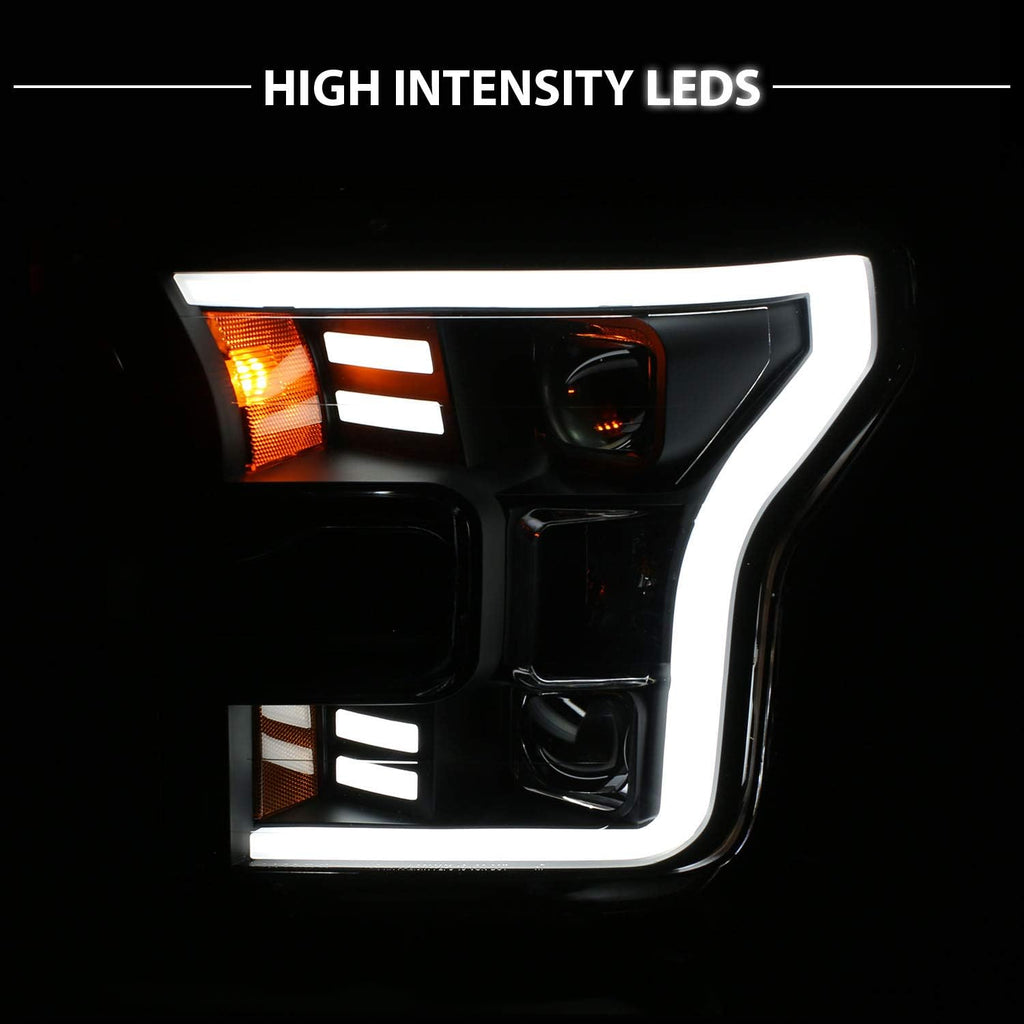 AmeriLite For 2015-2017 Ford F150 Pickup [Halogen Type] Black LED Tube Parking Light Bar Dual Square Projector Headlights Set - Driver and Passenger Side