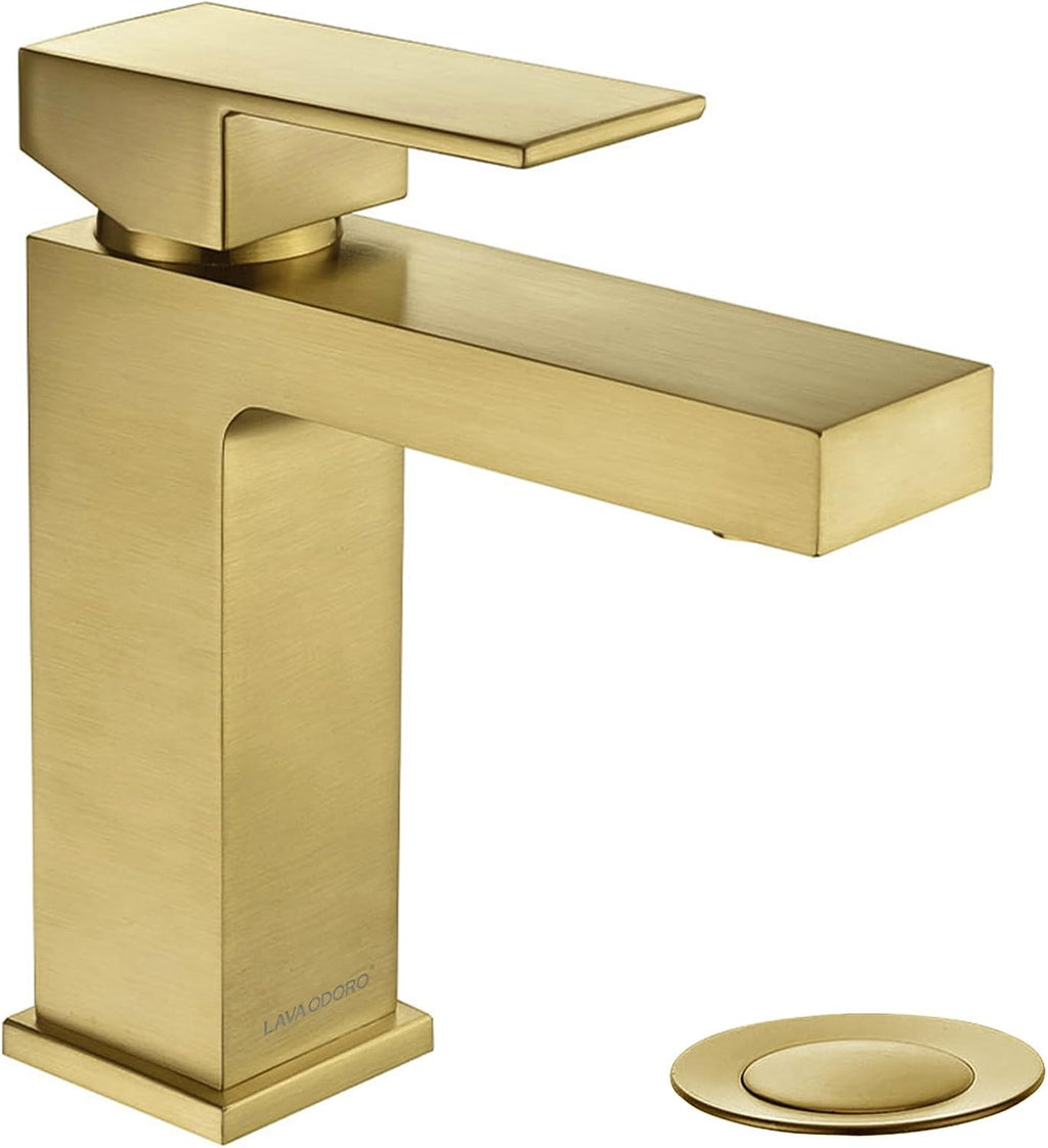 Lava Odoro Brushed Gold Bathroom Faucet Single Hole,Modern Bathroom Sink Faucet Single Handle Vanity Faucet with Pop up Drain Assembly, Deck Plate Included, 1.2 GPM, BF307-SG