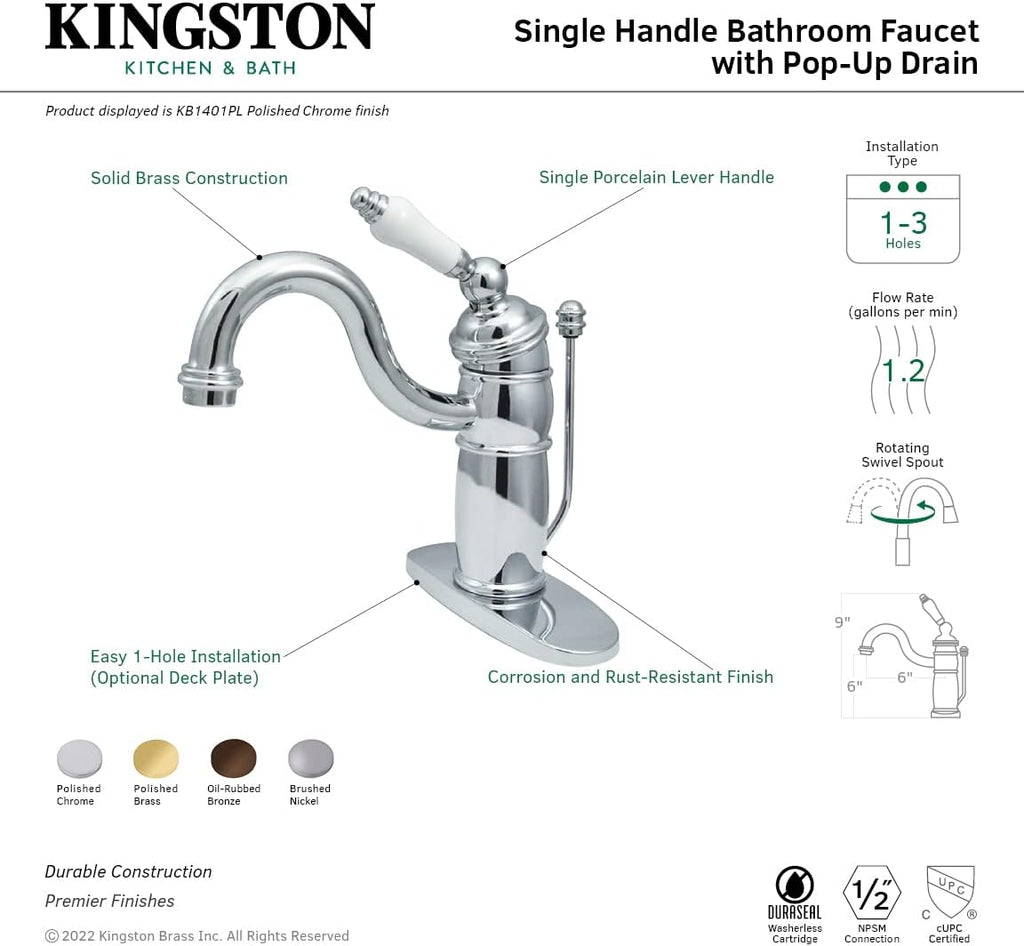Kingston Brass KB1408PL Victorian Mono Block Lavatory Faucet, Brushed Nickel