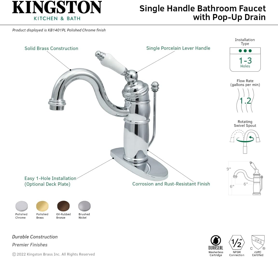Kingston Brass KB1401PL Victorian Mono Block Lavatory Faucet, 6-Inch, Polished Chrome