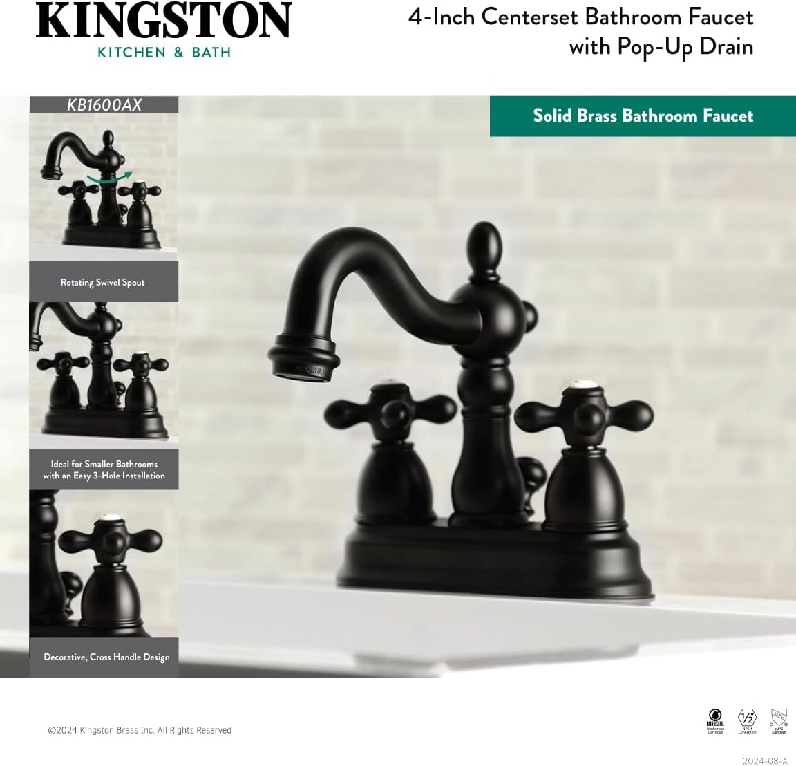 Kingston Brass KB1600AX Heritage 4 in. Centerset Bathroom Faucet, Matte Black