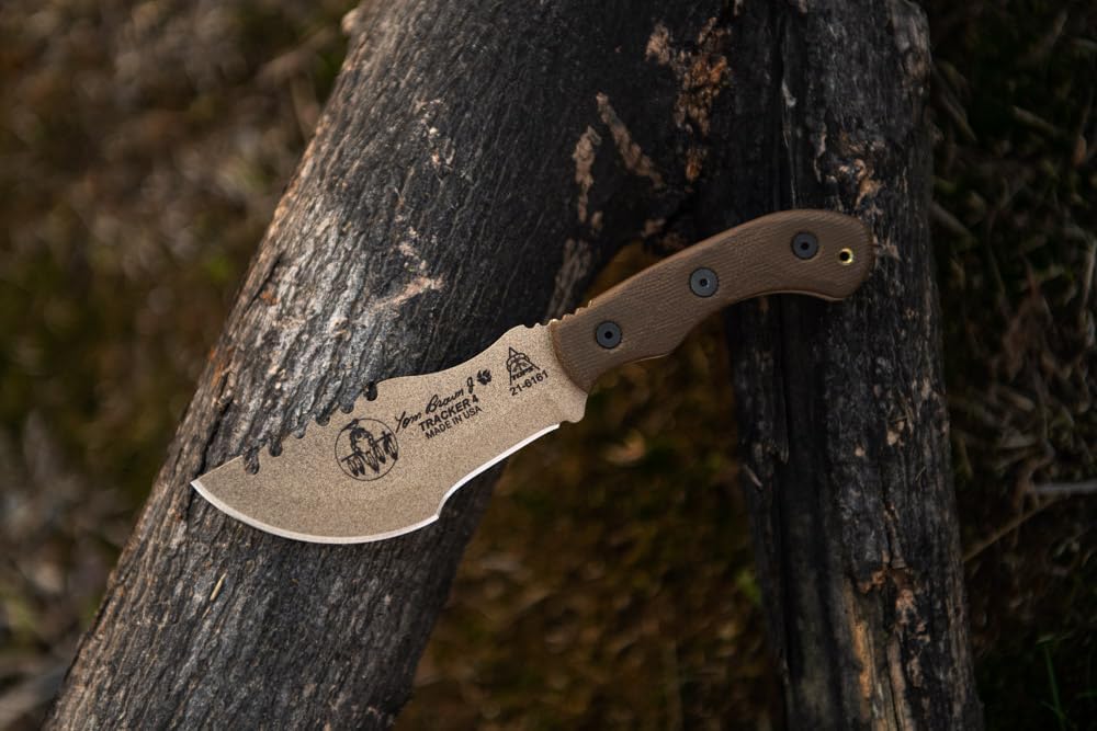 Tops Knives Tom Brown Tracker #4 Full Tang Fixed Blade- Coyote Tan Coating Blade Finish- Coyote Tan Kydex Sheath w/Multi-Position Spring Steel Clip (Green Canvas Micarta Handle)