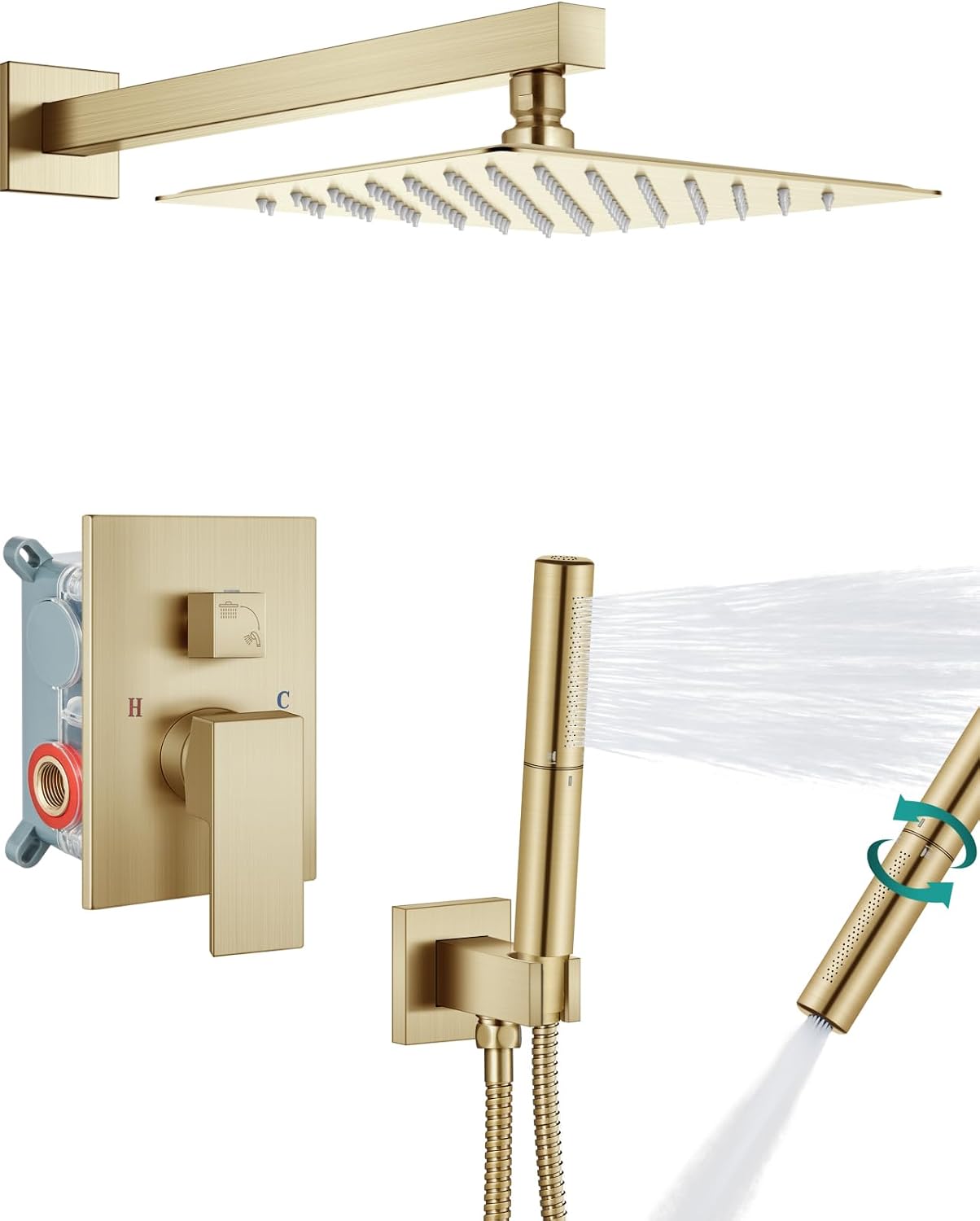Aolemi Shower Faucet Set, High Pressure Shower System with 2-in-1 Handheld Sprayer, Wall Mount Fixture Combo with Rough-in Valve, 10 Inch Shower Head, Brushed Gold