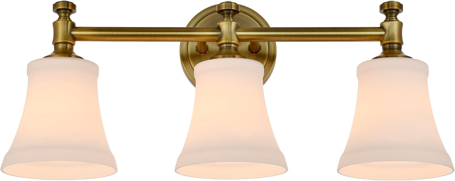 Champagne Bronze Bathroom Vanity Light Fixtures, Traditional Gold 3 Lights Wall Sconce Lighting with Large Opal Glass Shade, Porch Wall Mount Light Fixture for Bathroom, Mirror Cabinets Hallway Stairs