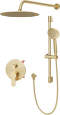Gabrylly Shower System Gold, Slide Bar Shower Faucet Set with High Pressure 10' Rain Head and 5-Setting Handheld Spray, 2 Way Pressure Balance Valve with Trim Kit, Brushed Gold