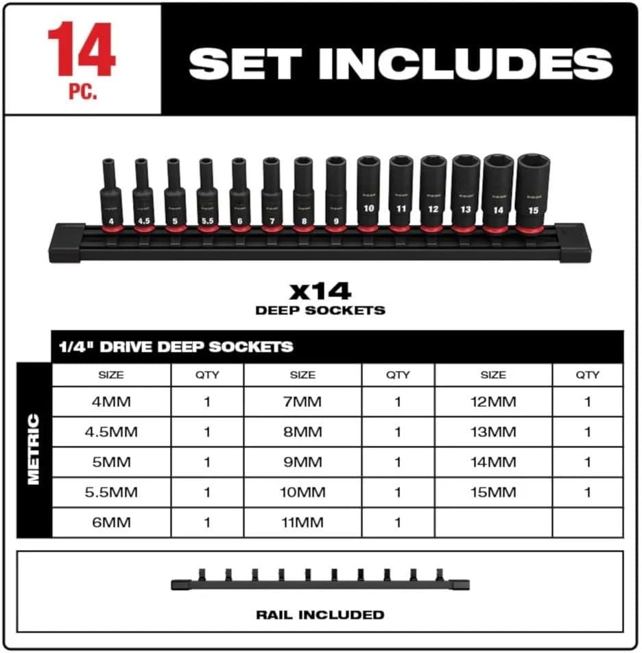 14 PC 49-66-7003 Sockets for Milwaukee 1/4' Drive Metric Deep 6 Point Impact Socket Set - New