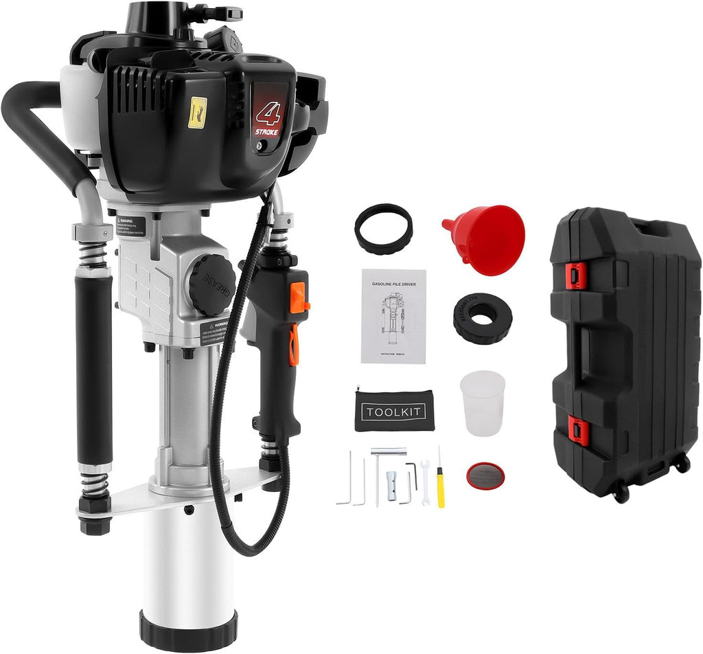 37.7CC 4-Stroke T Post Driver Gas Powered for Metal Post, 1.2KW Pile Driver with Handles, 20-45J Impact Energy for Construction, Garden, Fence, Farm T-Post - Handheld with 2 Pile Heads & Storage Case