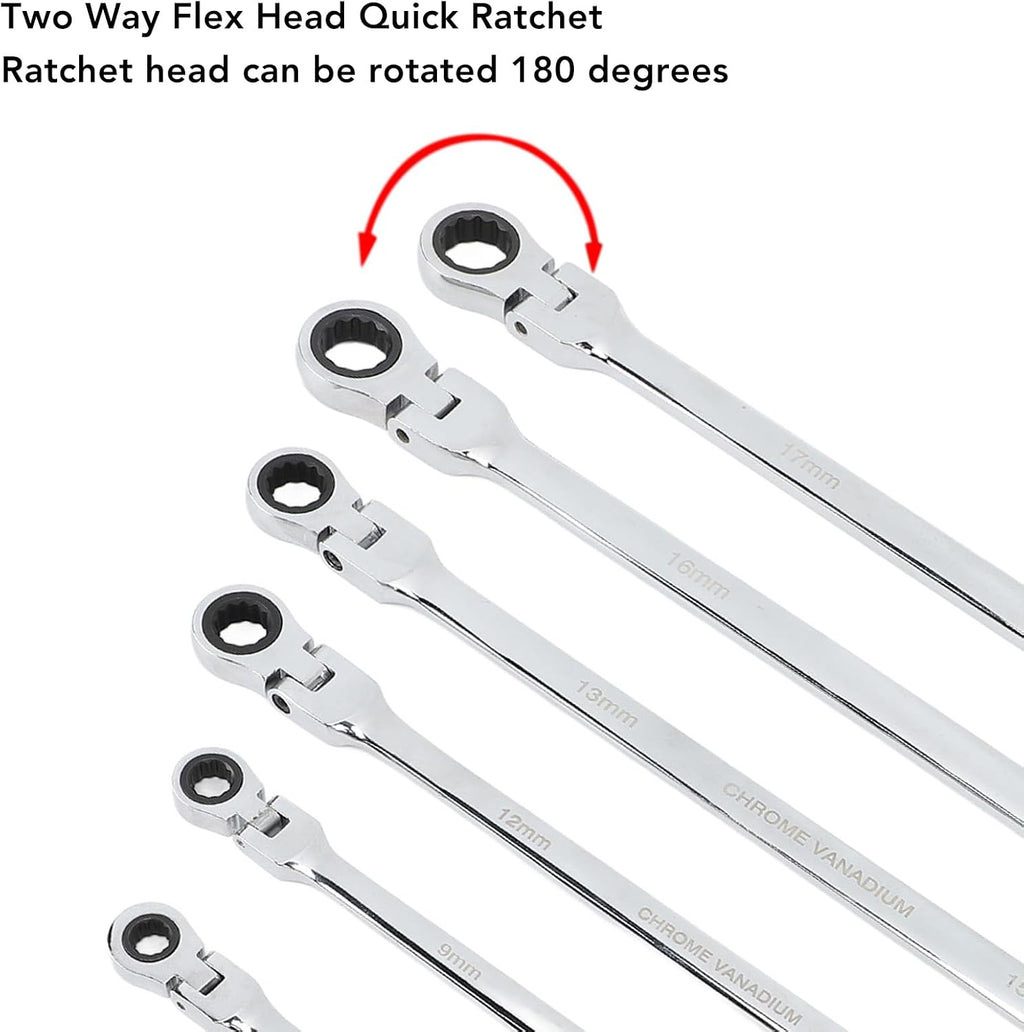 Zyyini 6pcs Flex Head Ratcheting Wrench Set, Steel Extra Long Double Box End Ratchet Wrench, Metric 8-19mm, for Mechanical, Automotive, Appliance Repair