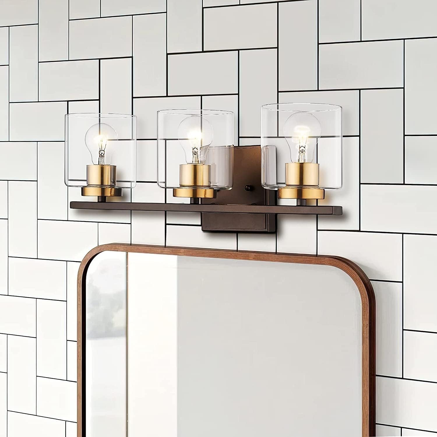 3-Light Bathroom Vanity Light Fixtures Farmhouse with Clear Glass Shade Oil Rubbed Bronze and Gold Finish Modern Contemporary Metal