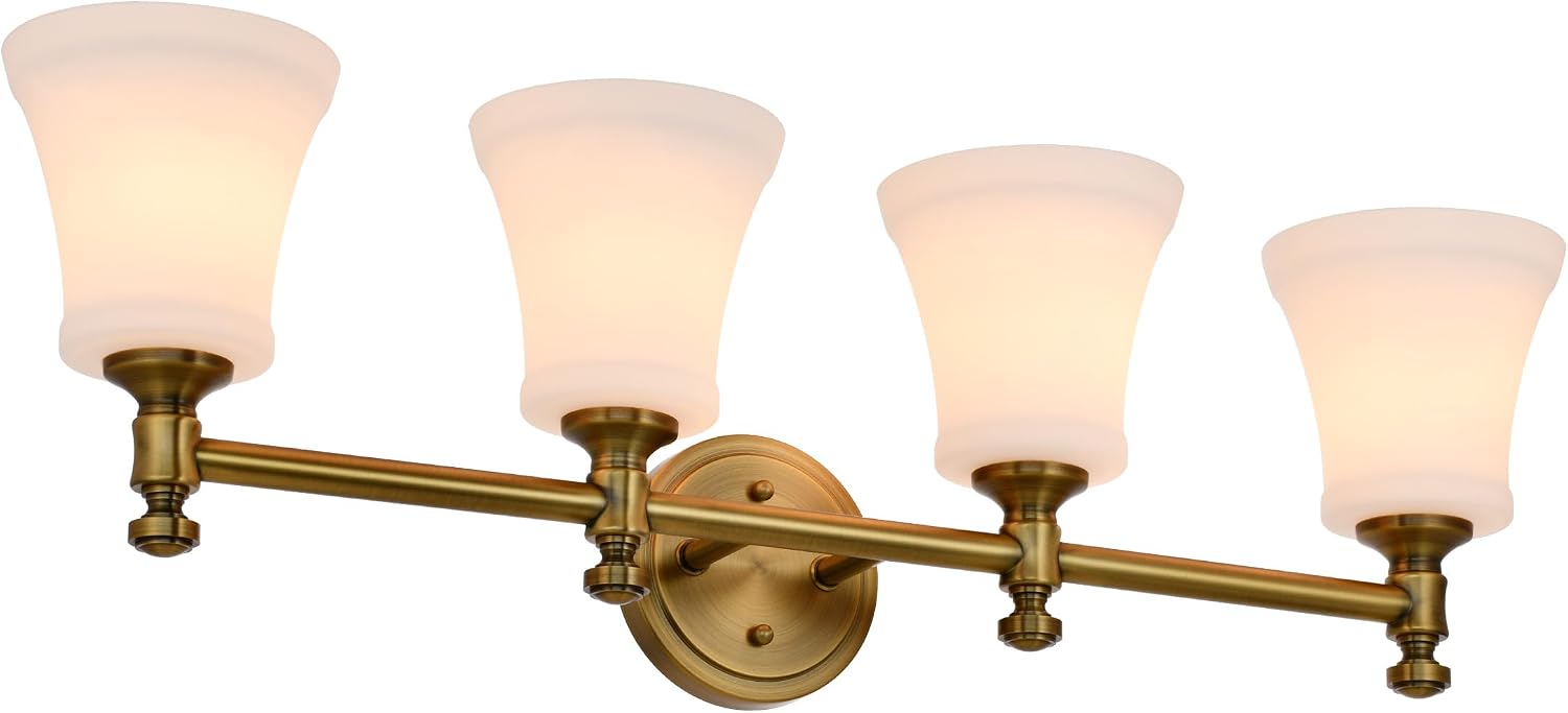 Champagne Bronze Bathroom Vanity Light Fixtures, Traditional Gold 4 Lights Wall Sconce Lighting with Large Opal Glass Shade, Porch Wall Mount Light Fixture for Bathroom, Mirror Cabinets Hallway Stairs