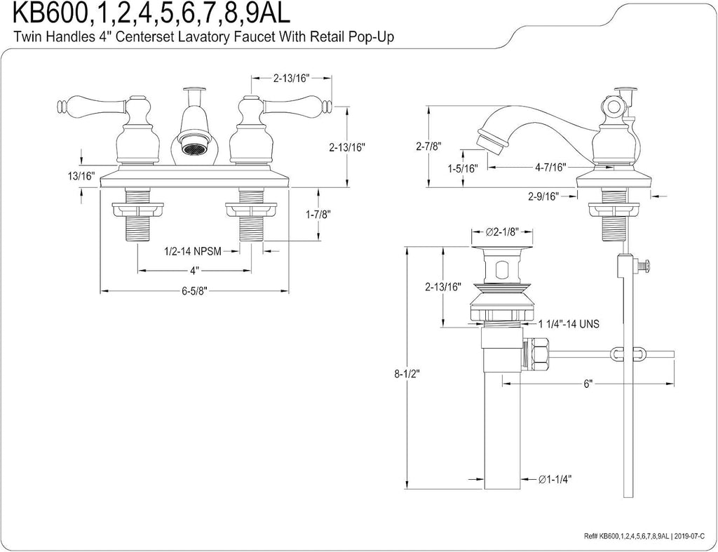 Kingston Brass KB605AL Restoration 4-Inch Centerset Lavatory Faucet with Metal lever handle, Oil Rubbed Bronze